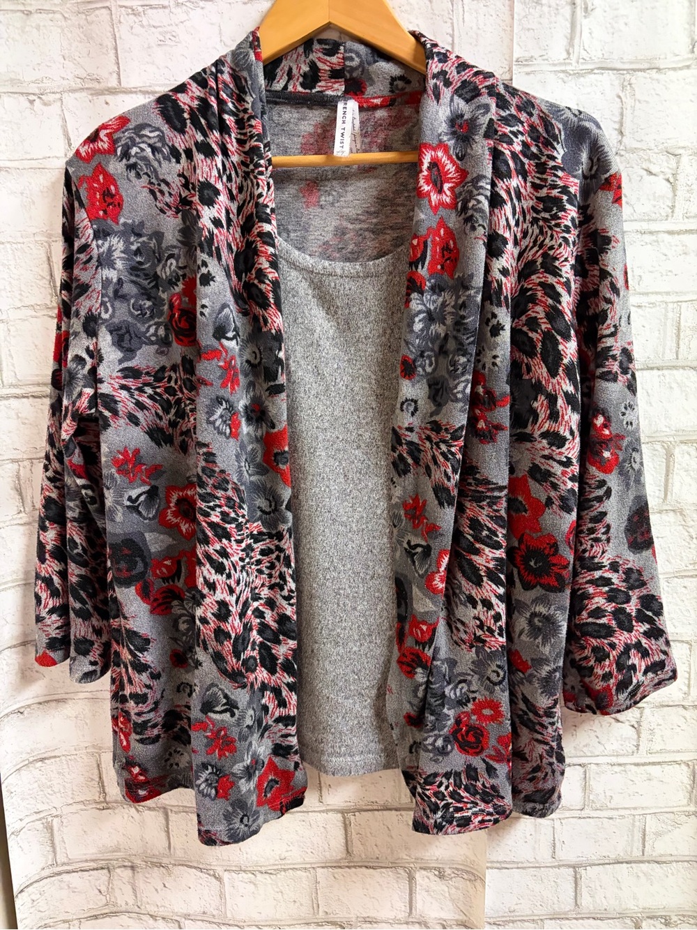 French Twist Grey & Red Floral Open Front Cardigan
